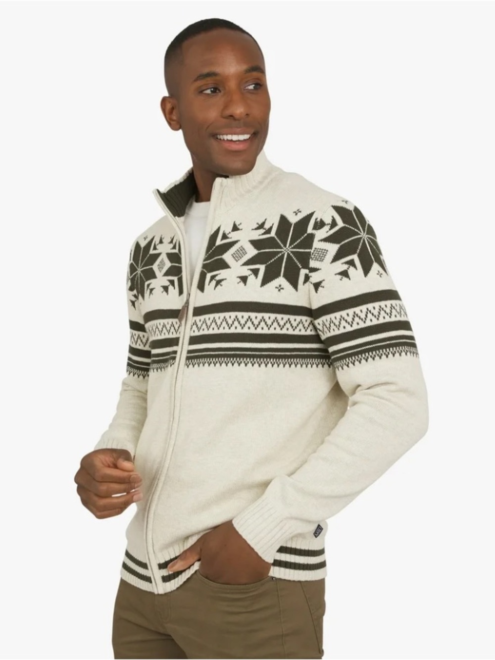 Chaps Cream and Dark Green Fair Isle Zip-Up Sweater